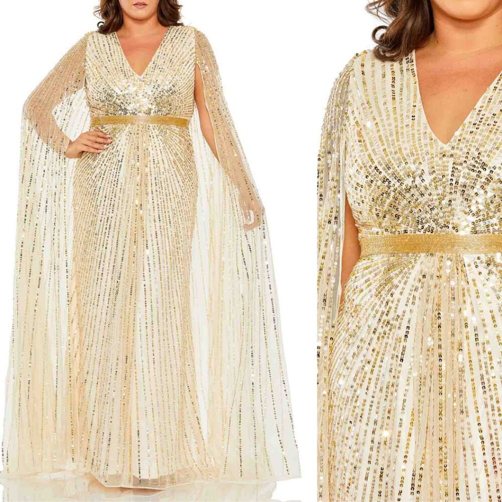 Mac Duggal 5804 Size 14W‎ Nude Gold Sequin Cape Sleeve Long Maxi Dress Gown NWT